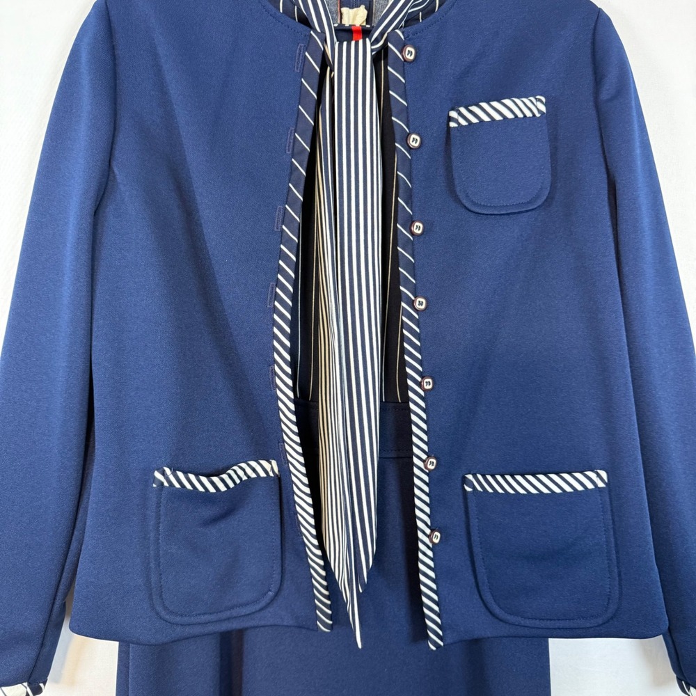 Vintage Leslie Fay Navy Blue Skirt Suit Set Striped Tie Secretary Career - Picture 2 of 16